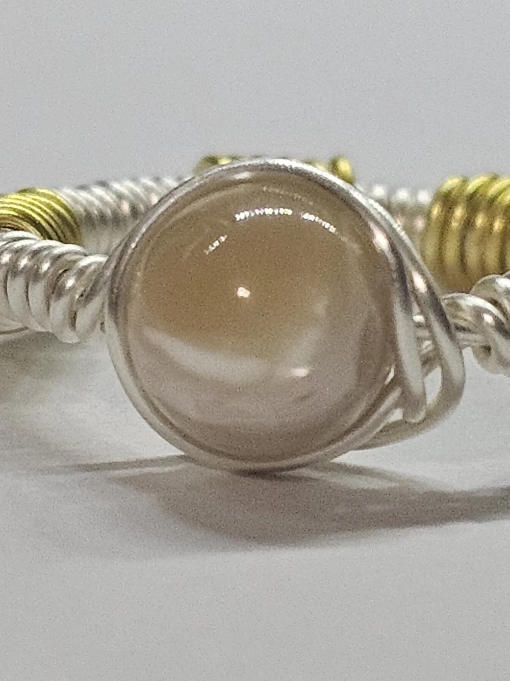 Handcrafted Two-Tone Wire Wrapped Beige Stone Ring